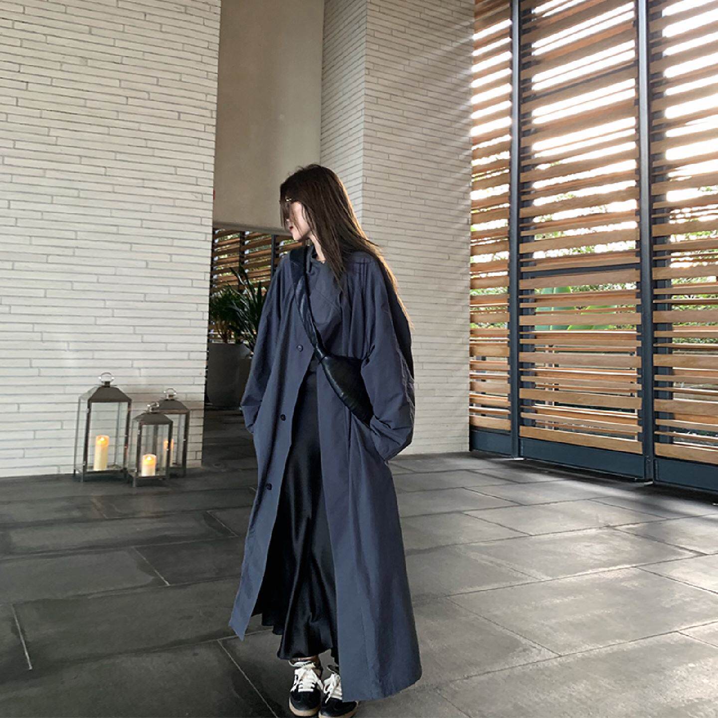 2025年秋季新款廓形宽松风衣外套女中长版立领薄款大衣日系高级感