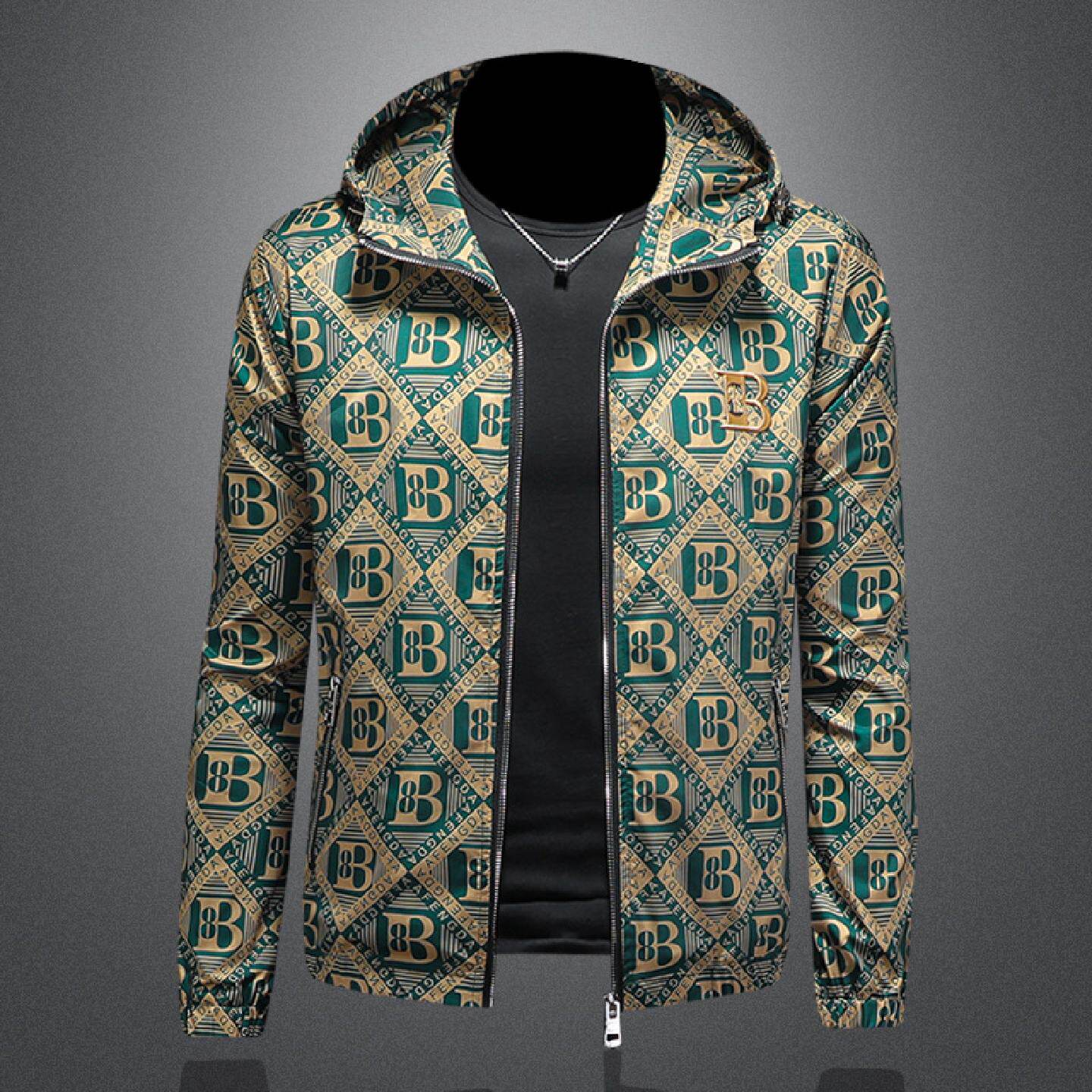 2026欧洲站连帽印花夹克男士春秋季新款设计感大码休闲外套上衣潮