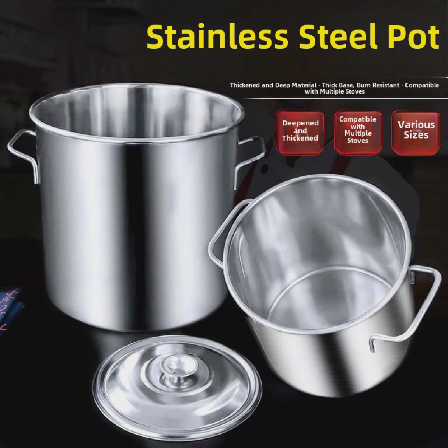 商用不锈钢汤桶加厚双耳白钢桶熬煮汤桶深汤锅大容量平底电磁炉煲