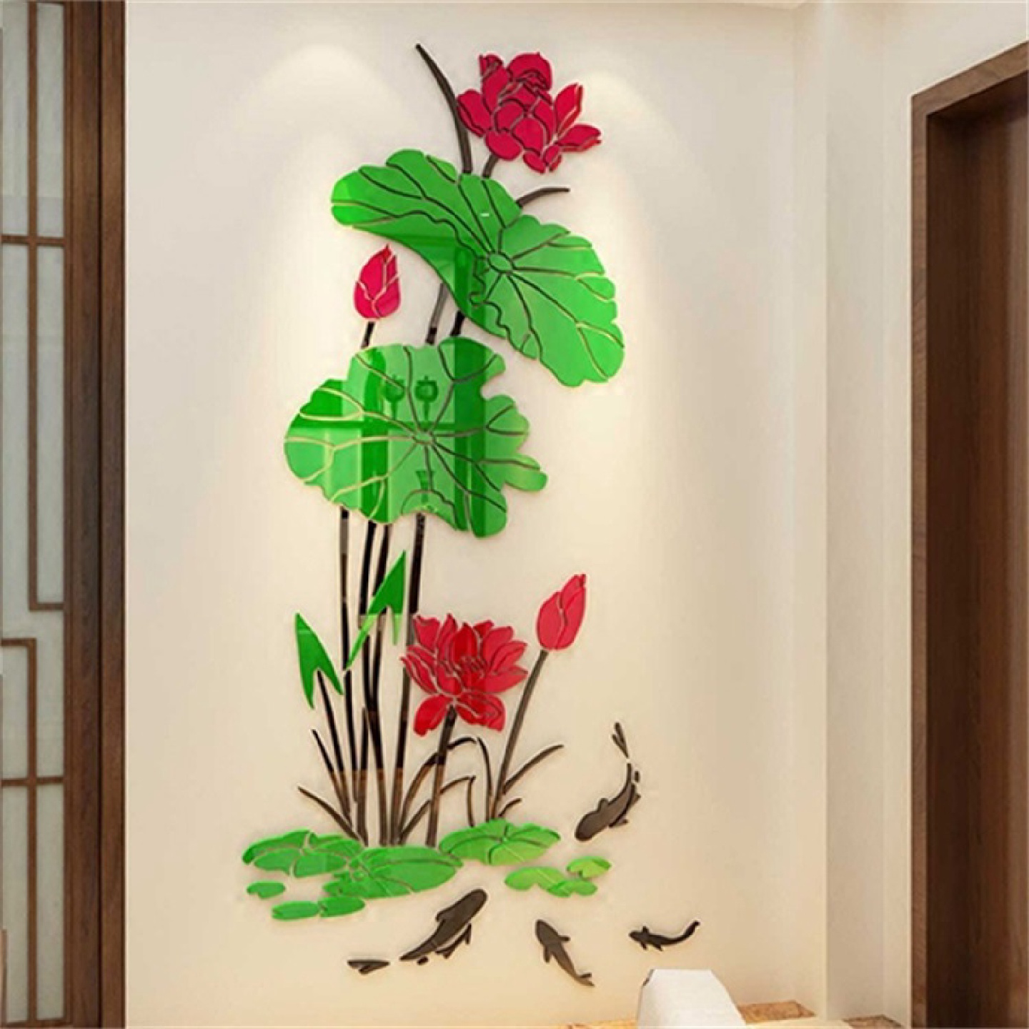 玄关装饰荷花墙贴新中式客厅背景墙3d立体贴画中国风书房墙壁房间图片