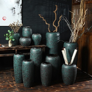 饰品 景德镇落地花瓶复古粗陶陶罐摆件陶瓷客厅大号花艺插花家居装