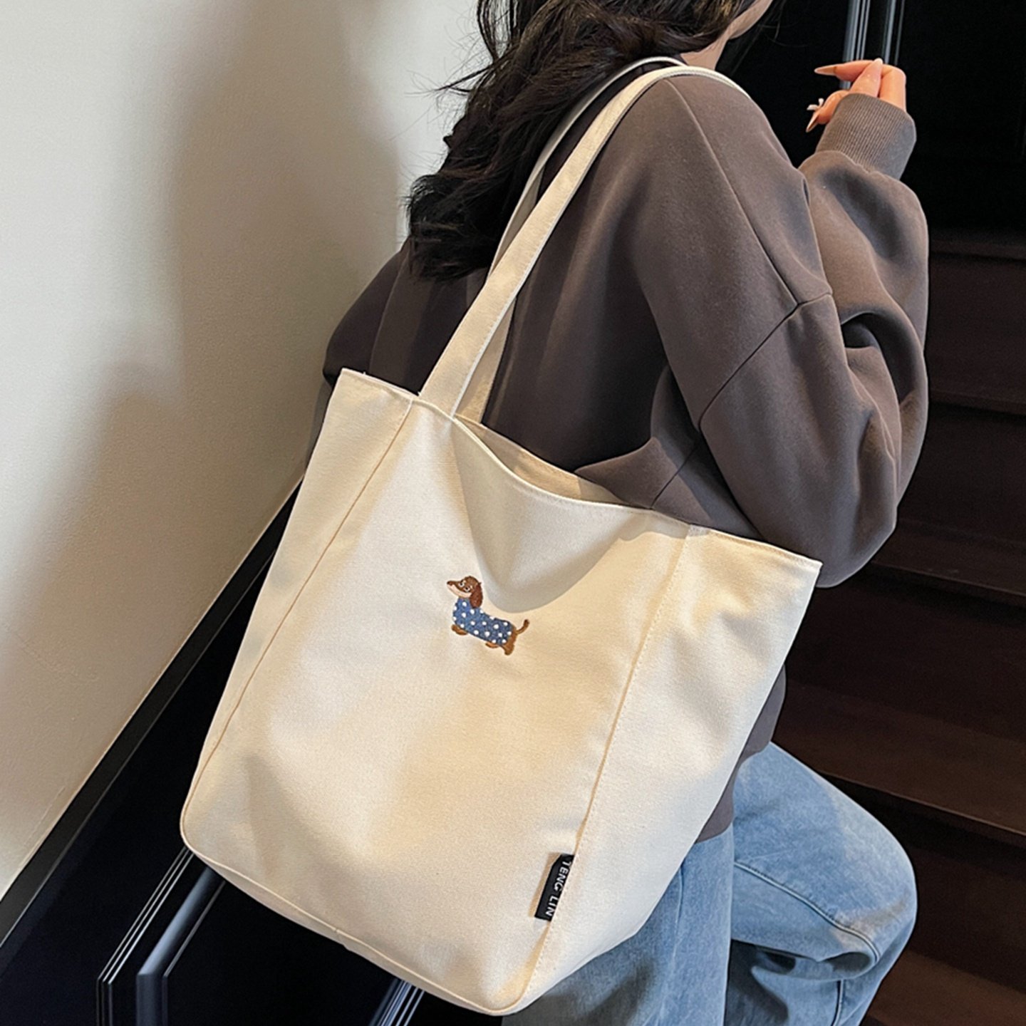 腊肠狗帆布包女大容量手提袋休闲高级感上班通勤单肩托特包购物袋