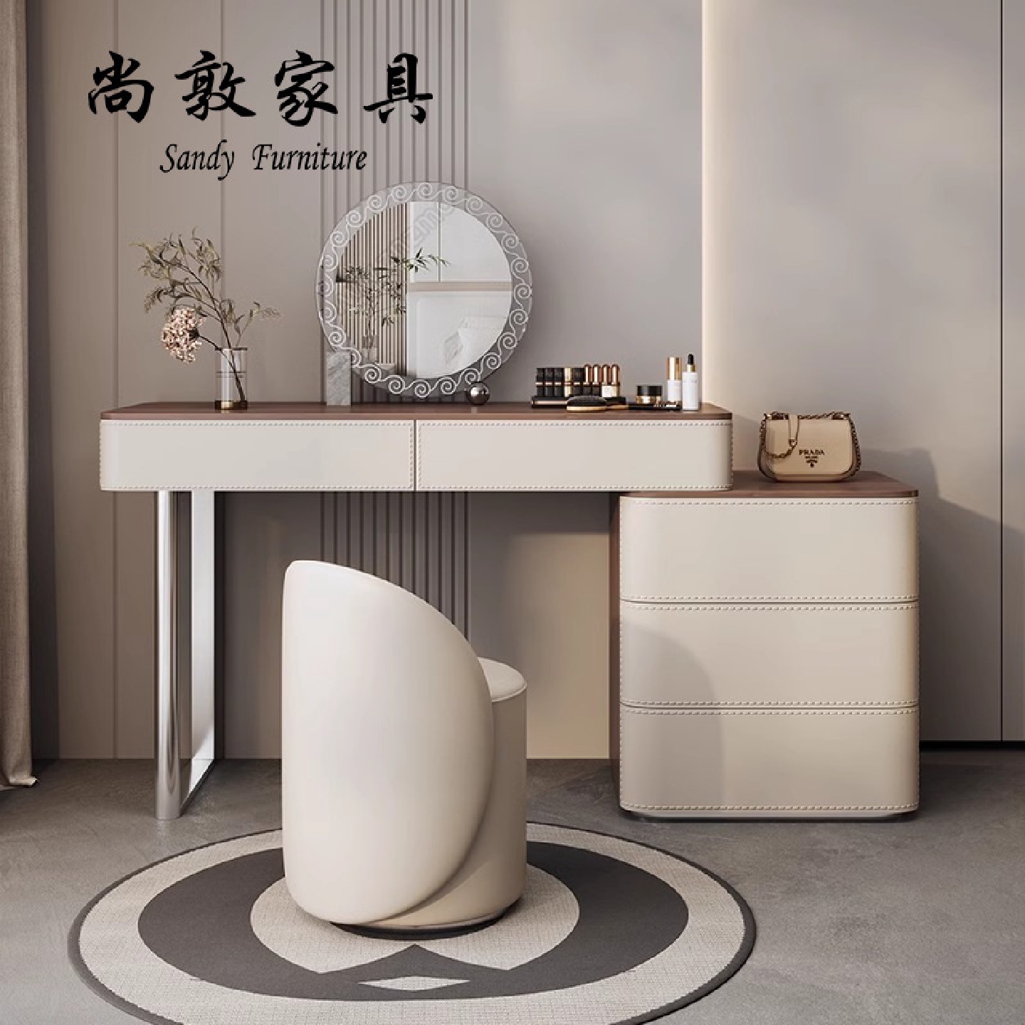 法式轻奢梳妆台卧室覆古风现代简约高端马鞍皮收纳柜一体化妆桌子