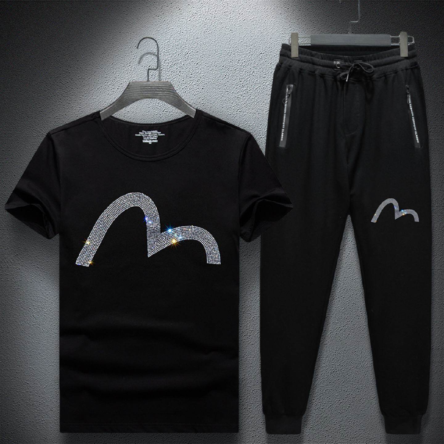 2026欧洲站男士套装搭配帅气烫钻短袖恤男冰感休闲长裤新款潮流潮