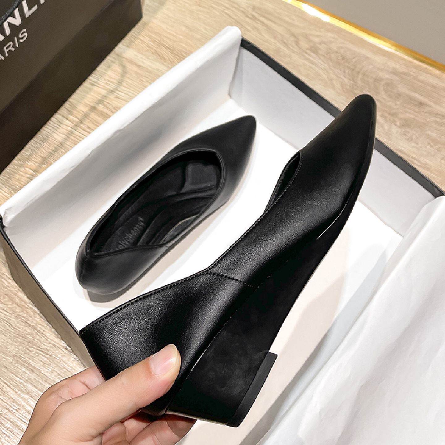 职业坡跟工作鞋黑色鞋子增高不累脚真皮女鞋厚底尖头单鞋lo工装鞋