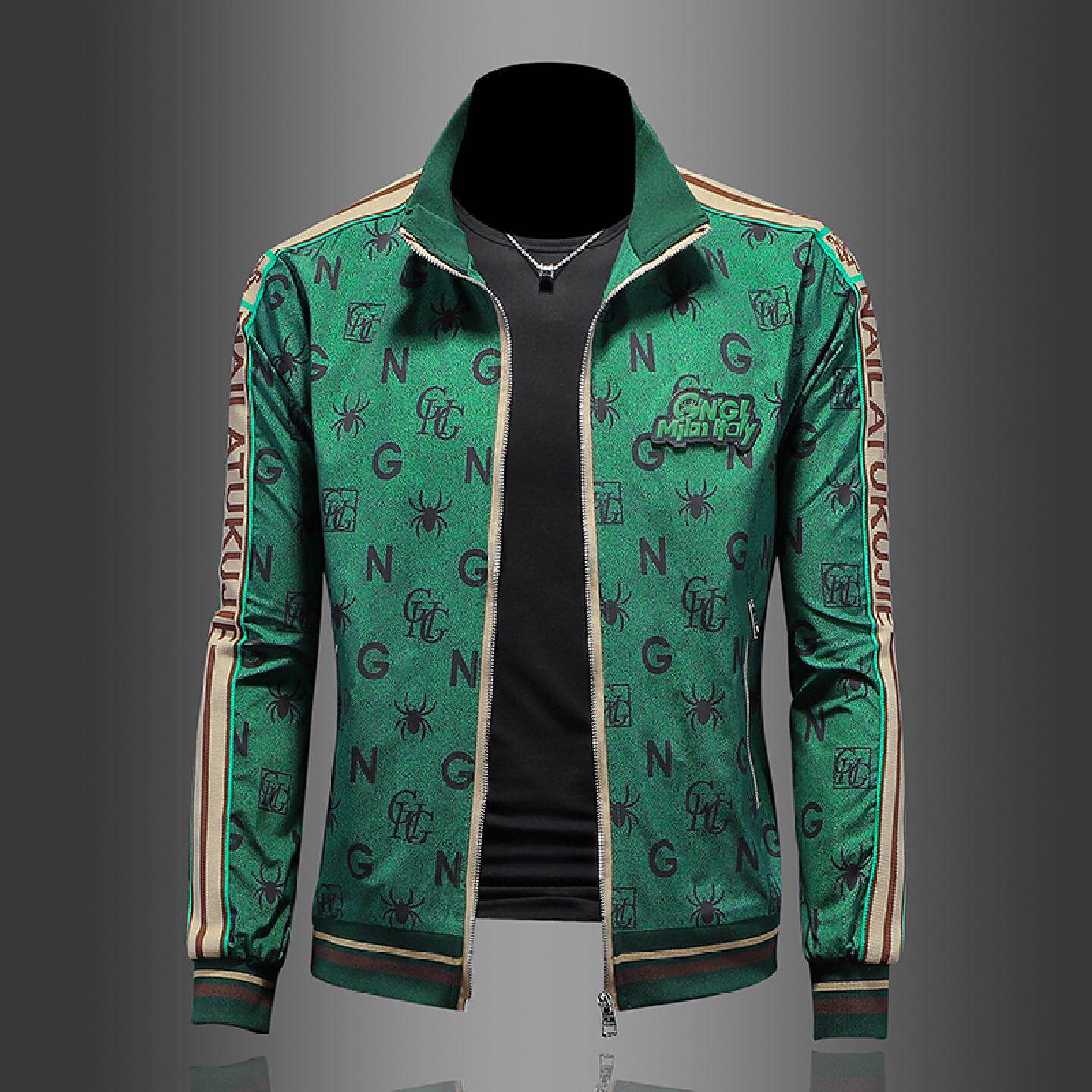 欧洲站轻奢绿色立领夹克衫休闲时尚潮流修身新品外套男士秋装上衣