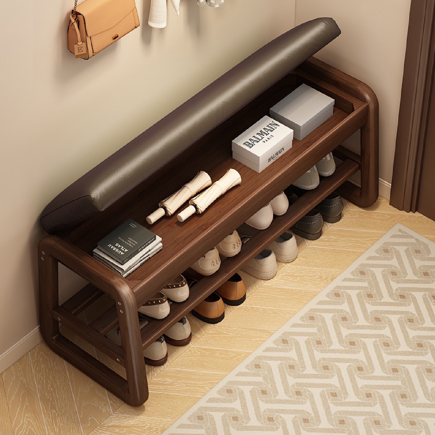 实木换鞋凳门口家用入户进门可坐穿鞋凳鞋柜一体收纳感玄关凳