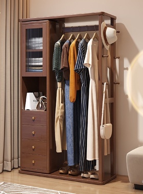实木家用可旋转带穿衣镜衣帽架卧室衣柜新中式落地多功能挂衣批发