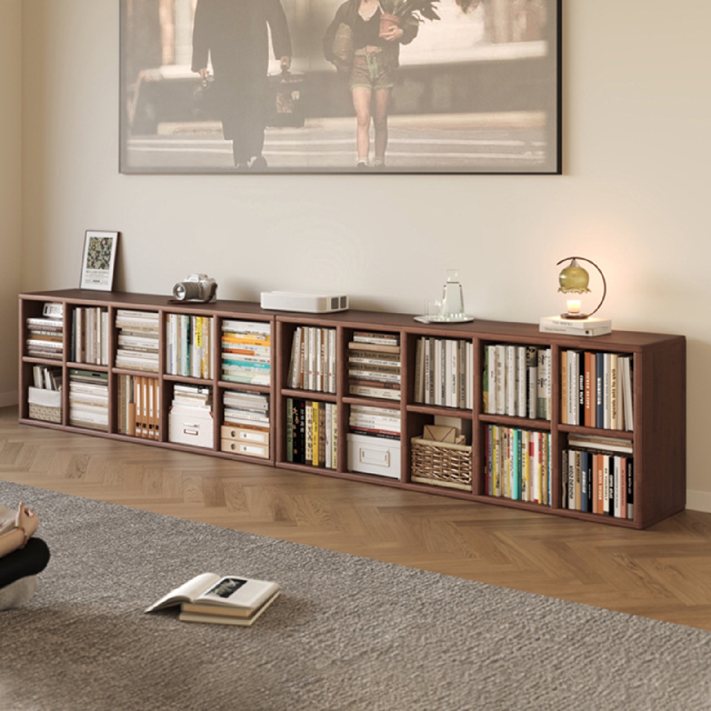 橡胶木去客厅化书柜电视柜一体矮柜实木书架收纳储物下方置物柜子