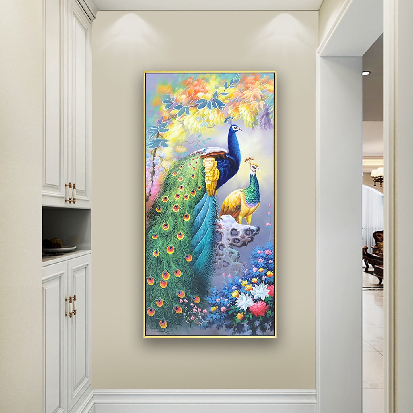 新中式手绘孔雀油画玄关装饰画客厅挂画美式过道竖版高端入户壁画图片