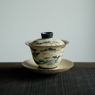 青花火石红手绘山水三才盖碗茶杯家用泡茶器古风带盖陶瓷茶碗抓碗