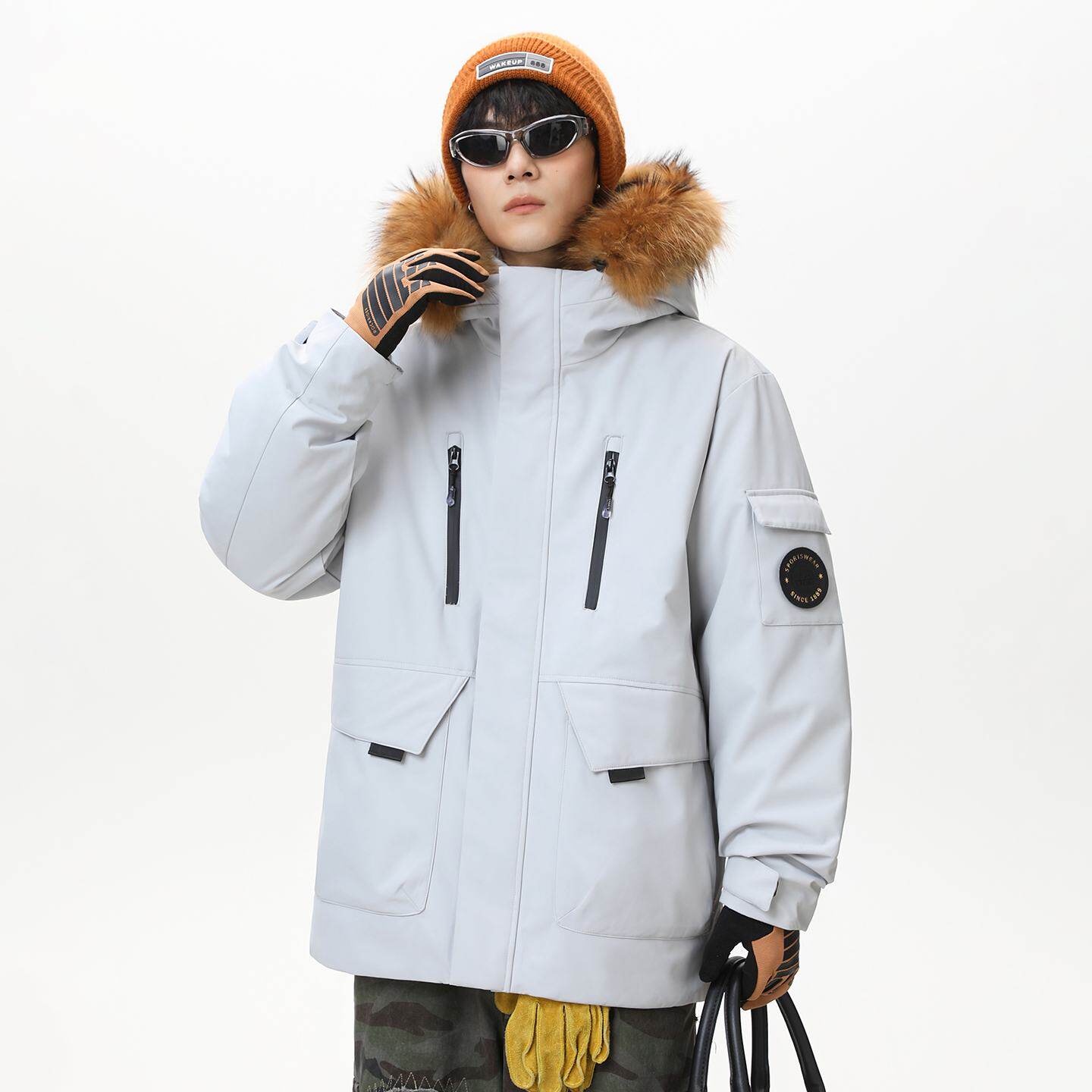 2026冬季新款工装羽绒服男短款连帽加厚户外滑雪大毛领防寒外套潮