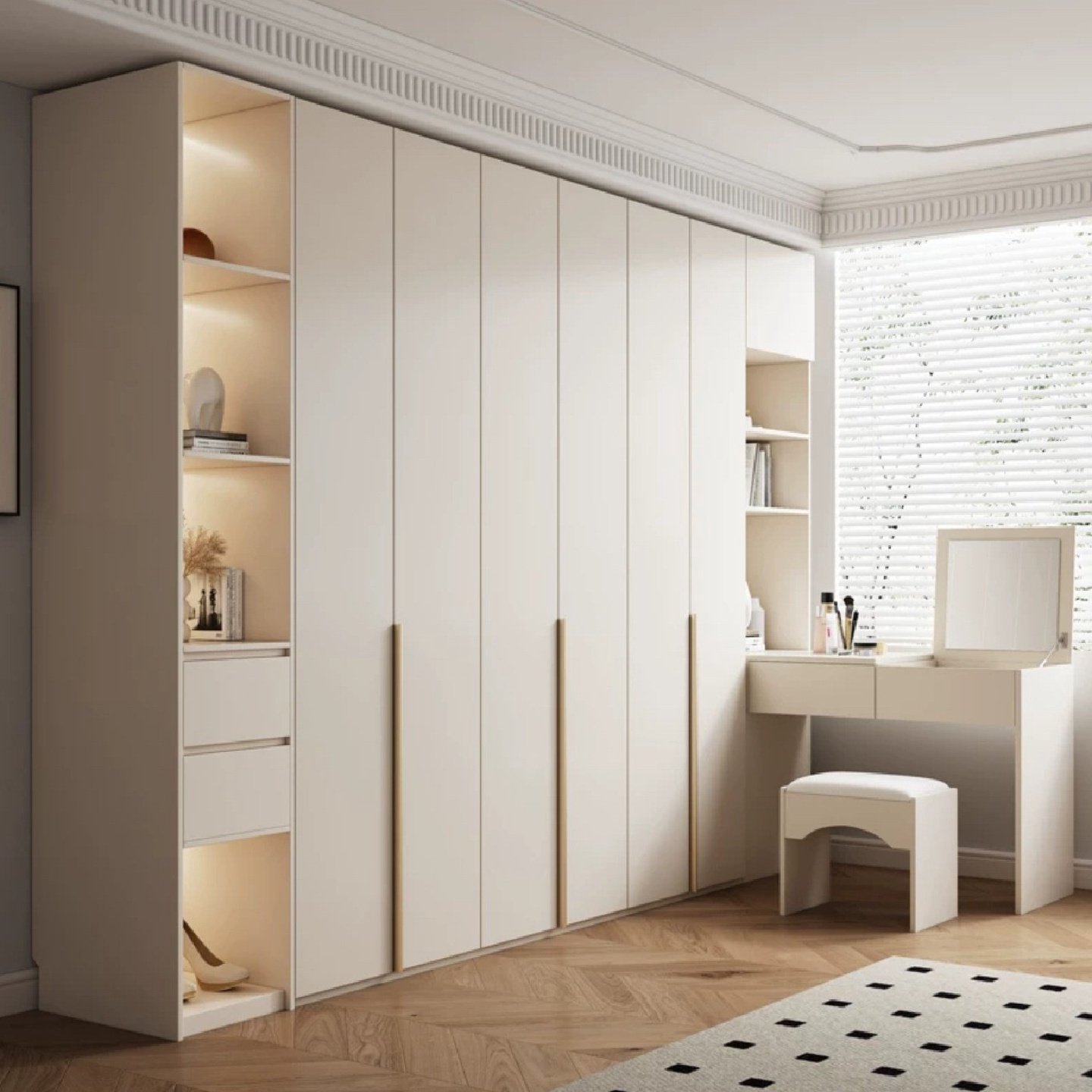 奶油风一门到顶实木衣柜梳妆台书桌一体转角柜主卧简约大衣橱组合