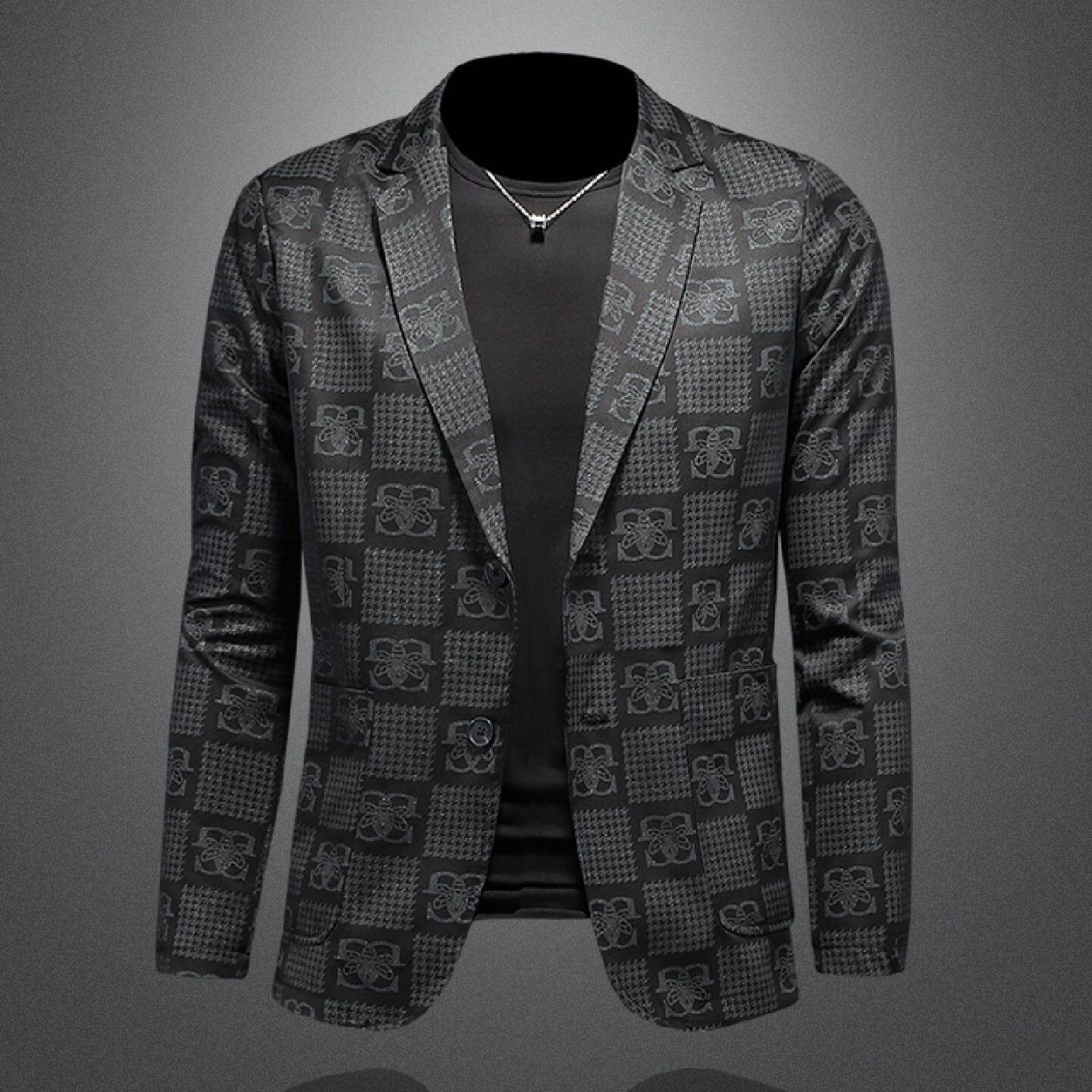 2026欧洲站提花西装男春季新款高端商务休闲外套印花西服潮流上衣