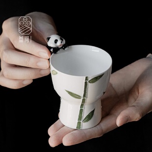 叁间手绘堆雕竹子陶瓷主人杯茶杯家用小高足品茗杯熊猫挂件茶点盘
