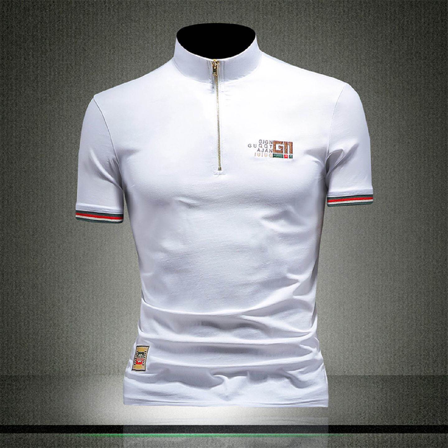 欧货高端立领短袖恤男士夏季新款小标绣花半拉链恤衫上衣服潮潮男