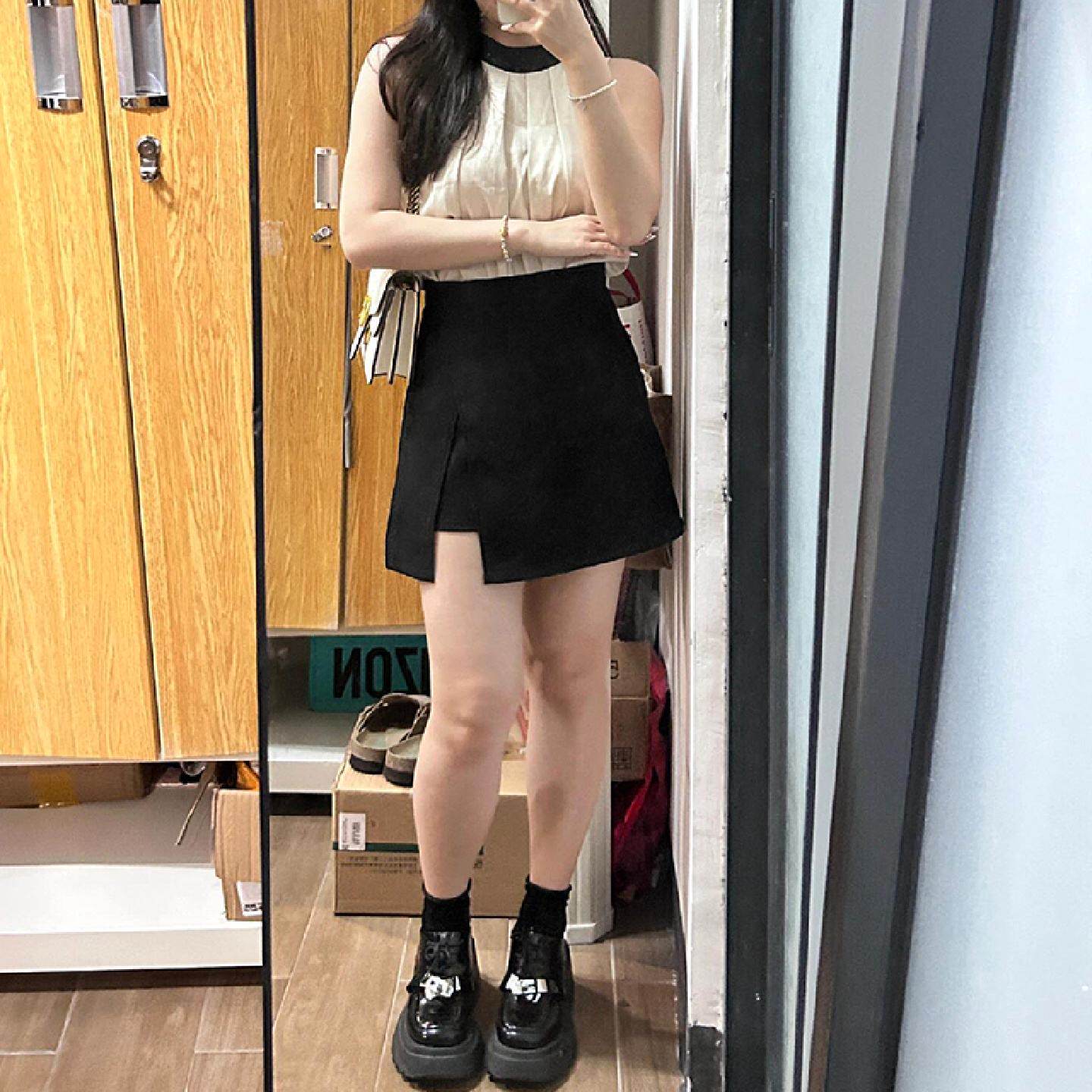 黑色开叉西装短裙女夏季大码胖mm遮肚显瘦梨型身材高腰a字半身裙