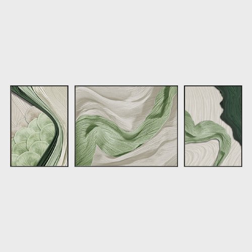 绿色装饰画侘寂风客厅挂画肌理感沙发背景墙画现代抽象三联画壁画