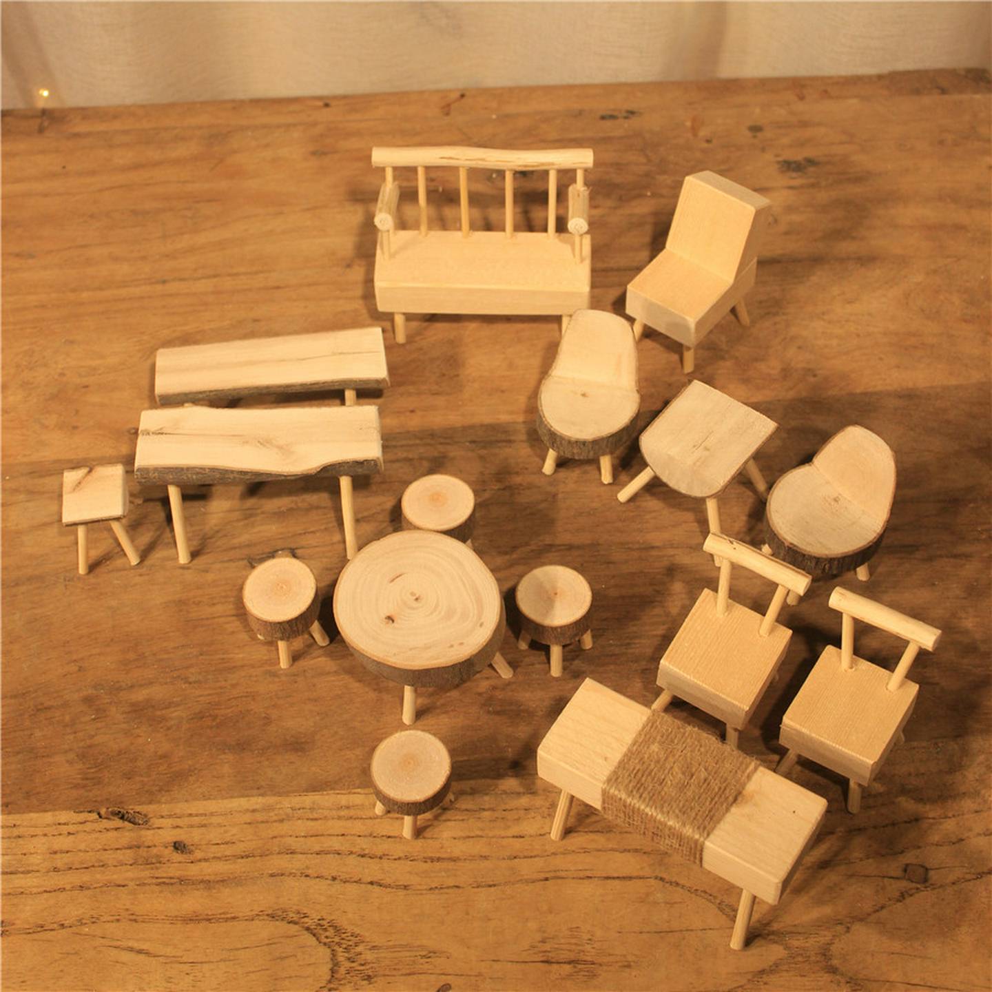 【美物】小桌椅微景观摆件造景手工制作树枝麻绳木制创意diy多肉