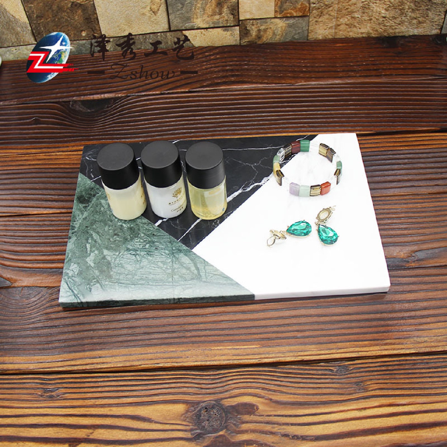 北欧创意轻奢三色拼接大理石托盘首饰收纳盒家居酒店化妆品置物盘