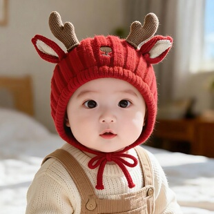 新年红色帽子宝宝护耳针织帽加厚保暖秋冬季小幼童可爱婴儿护耳帽