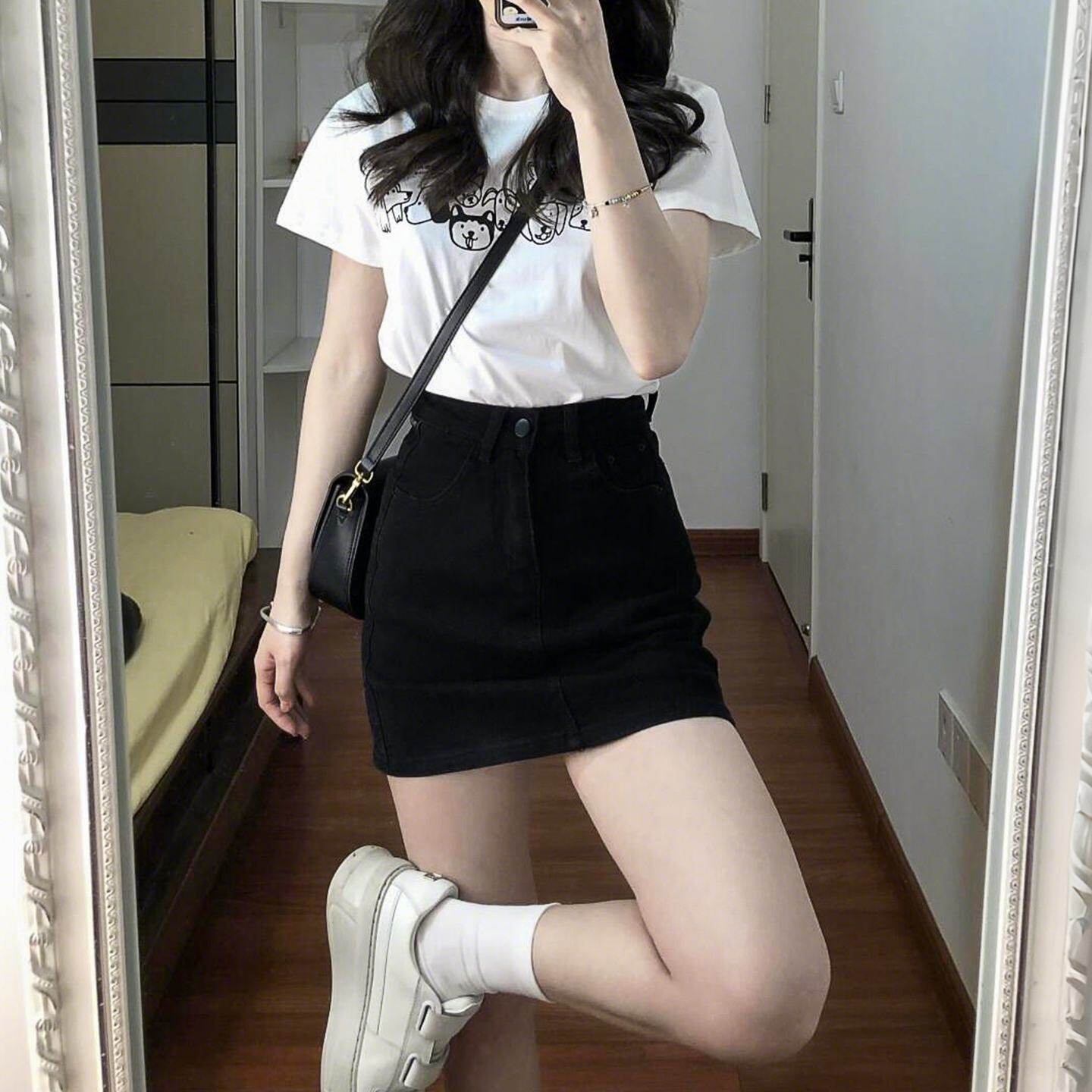 黑色牛仔短裙女高腰夏季新款大码胖mm遮肚显瘦梨型身材a字半身裙