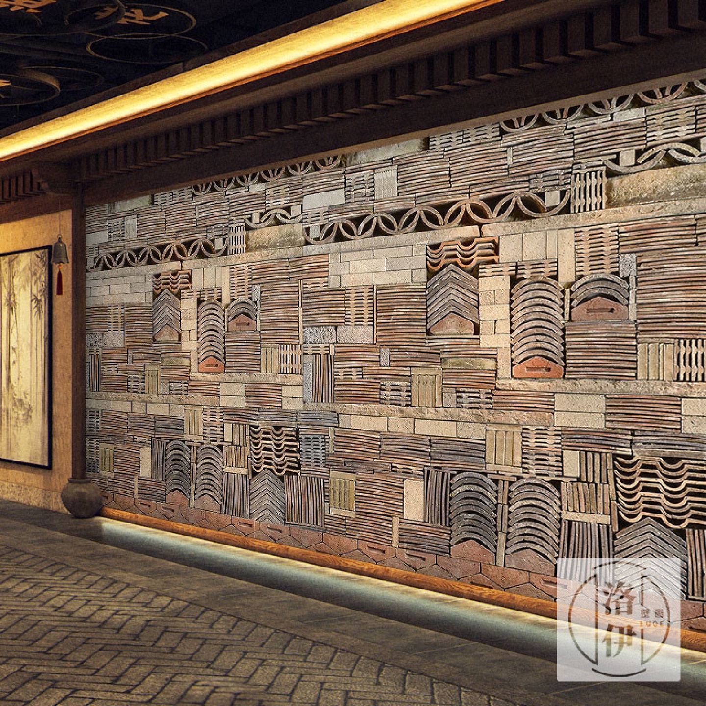 复古中式砖瓦壁纸中国古代仿古建筑饭店餐厅火锅店古典怀旧3d墙纸