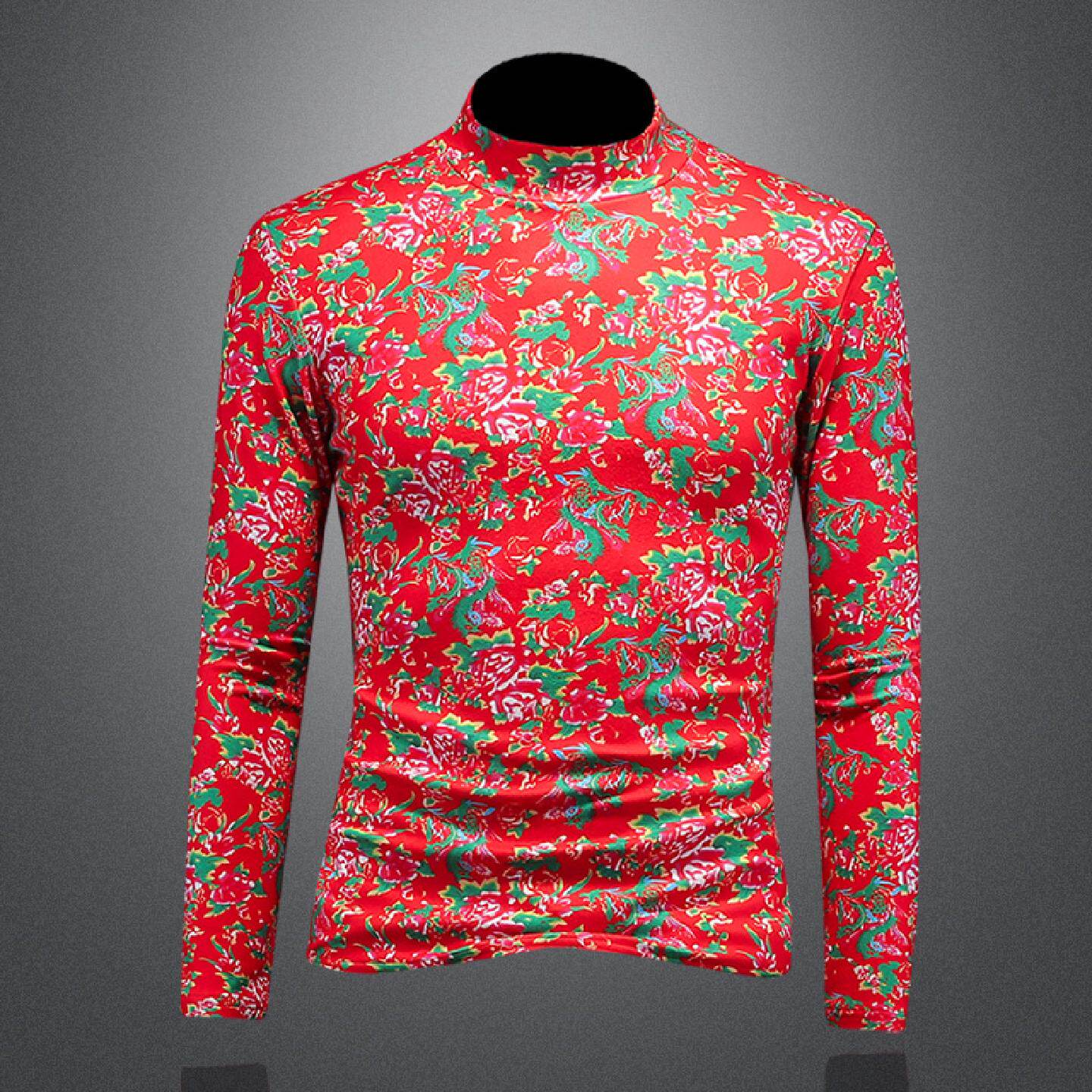 2026欧洲站东北大花长袖恤男士春秋季新款韩版修身半高领印花打底