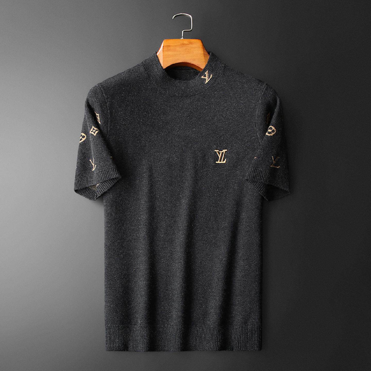 欧洲站大牌字母刺绣修身圆领加厚短袖打底针织毛衣欧货男士羊毛衫