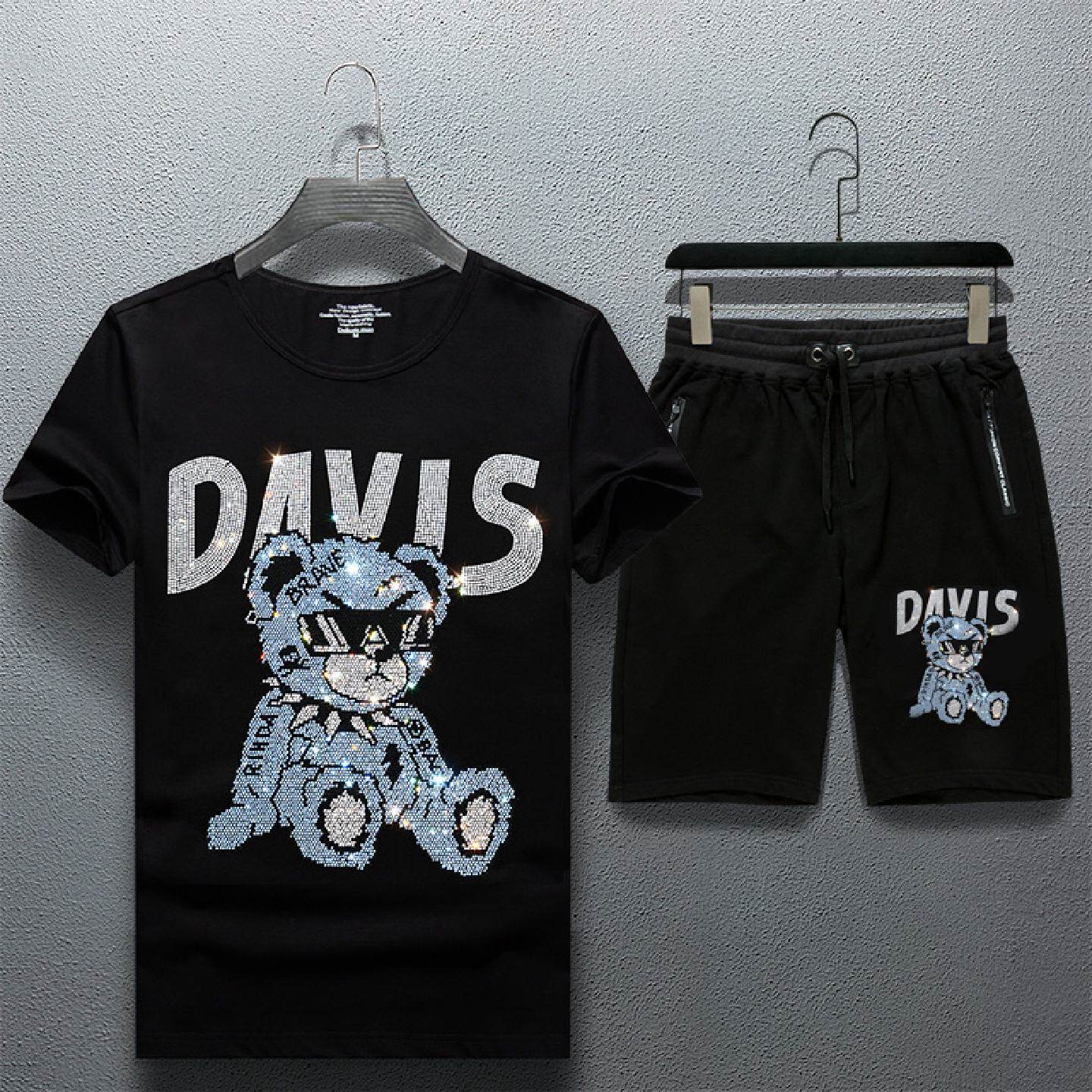 2026欧洲站新款男士休闲套装短袖短裤两件套夏季韩版潮烫钻眼镜熊