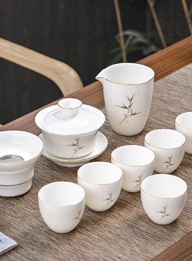 抖音羊脂玉茶具10头白瓷套装家用陶瓷整套功夫喝茶杯子盖碗泡茶器