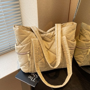 冬季 大容量手提帆布袋百搭通勤单肩托特包 菱格棉服包包女2025新款