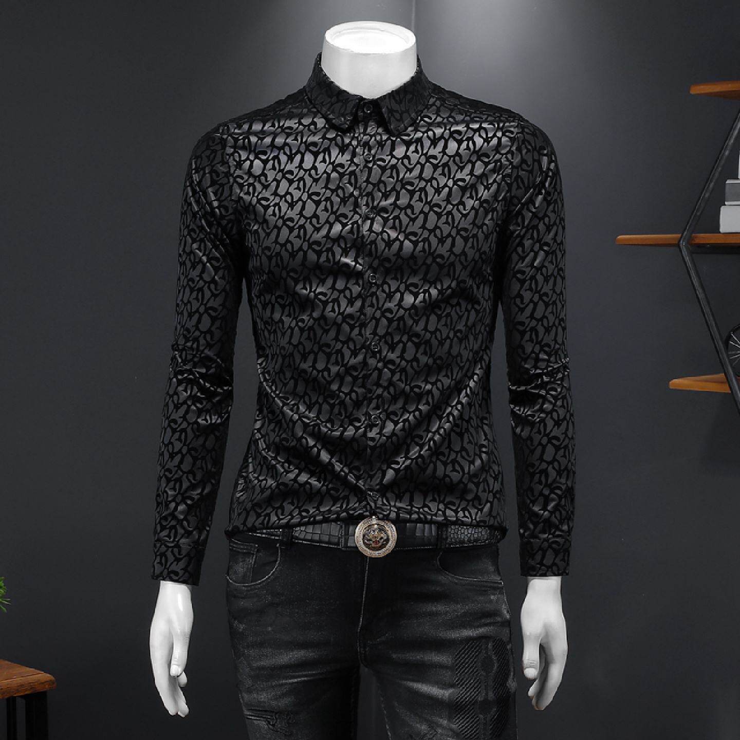 欧洲站春秋季印花衬衫男士青年潮流韩版修身高端免烫长袖衬衣大码