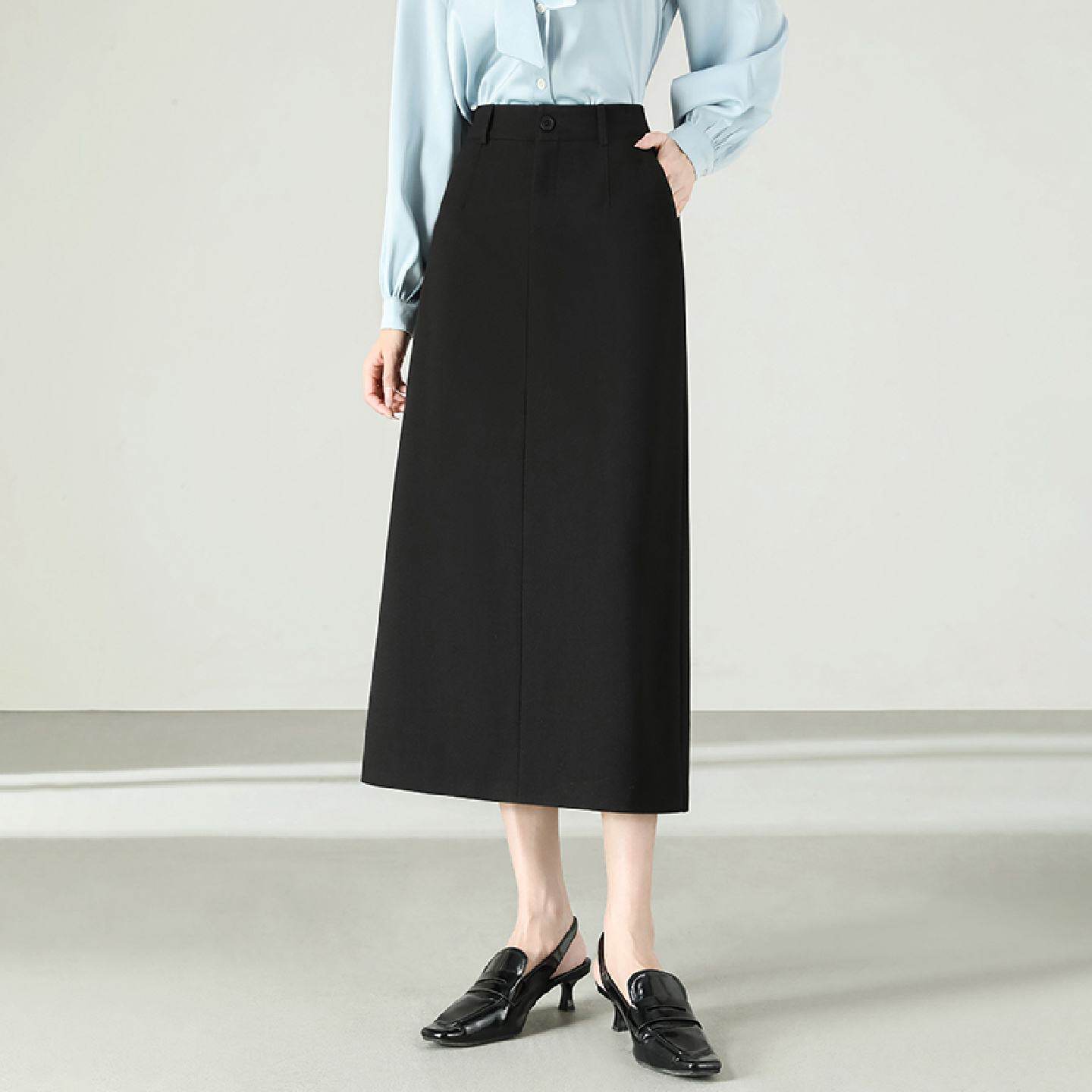 黑色面试半身裙女春秋工作裙职业工装裙半裙正装长裙a字西装裙子