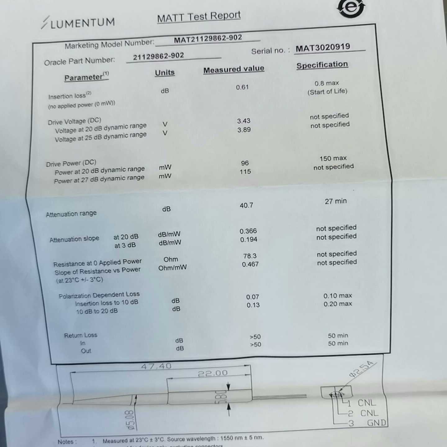 议价LUMENTUM光纤器件MATT波长1550nm光衰减器VO