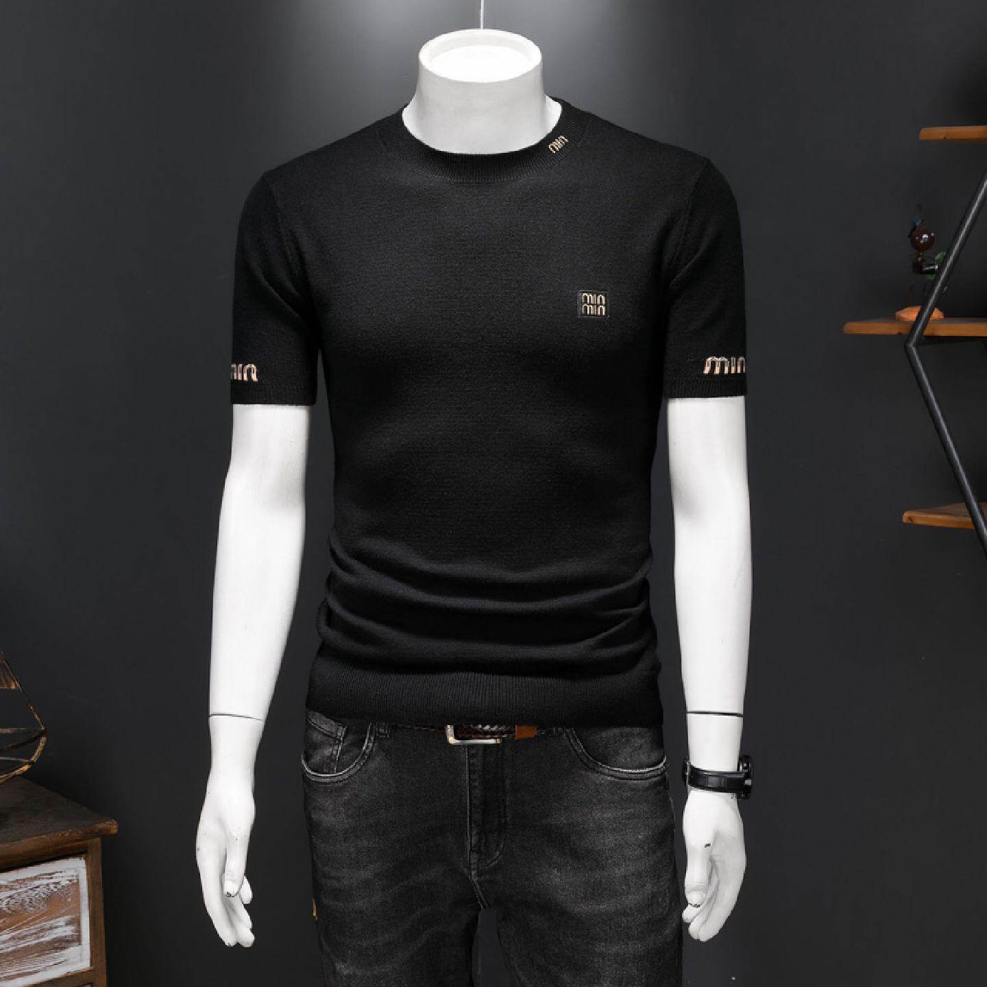 春装新款男士短袖羊毛衫百搭帅气针织衫刺绣套头半袖圆领打底衫潮