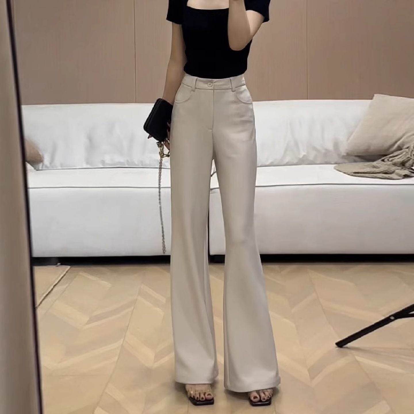 杏色高腰垂感不贴腿微喇西装裤女2026春季新款弹力显瘦喇叭休闲裤