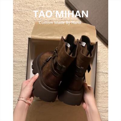 真皮厚底鞋马丁靴女2025秋冬季加绒新款棕色美拉德巨好看的短靴子