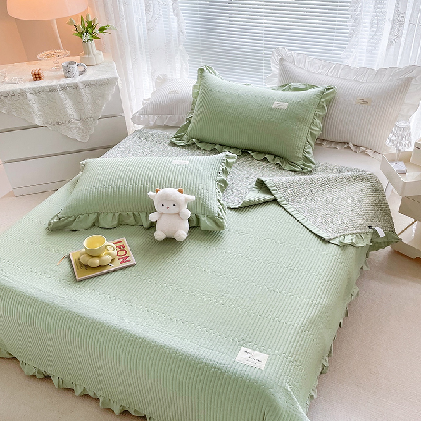 EQ4F定制纯棉床盖三件套纯色榻榻米加厚夹棉床单单人四季通