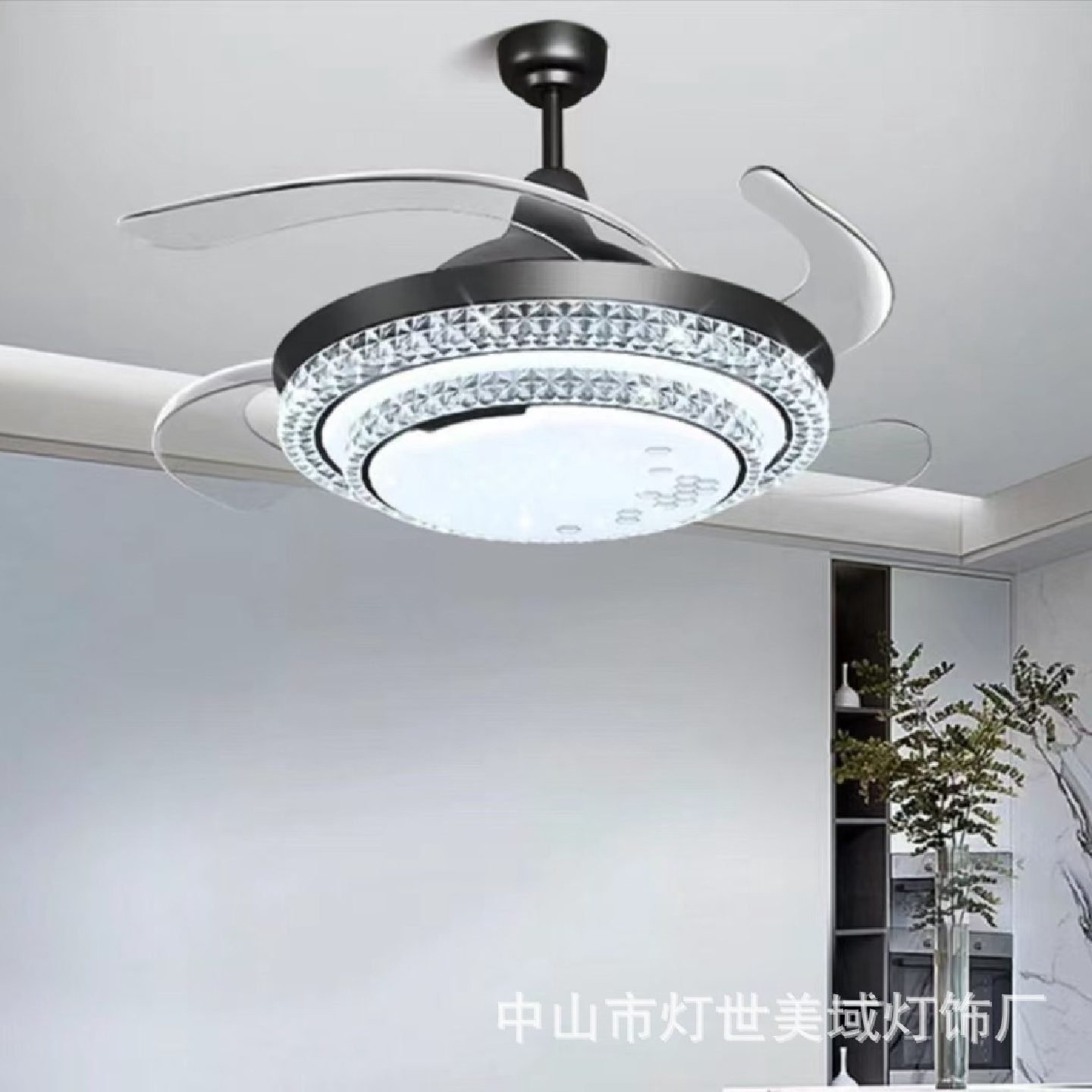隐形风扇灯家用餐厅客厅卧室水晶吊灯低噪现代轻奢电风扇时尚灯具