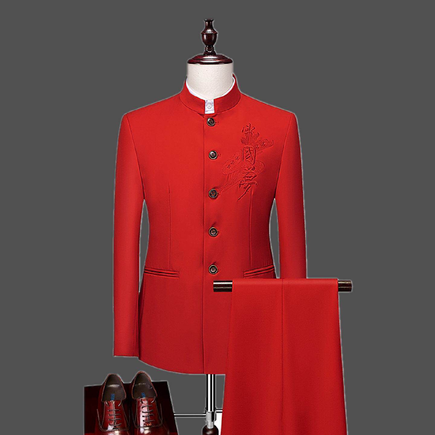 2026中山服新式中华立领西服套装男中国梦刺绣青年修身中式西装两