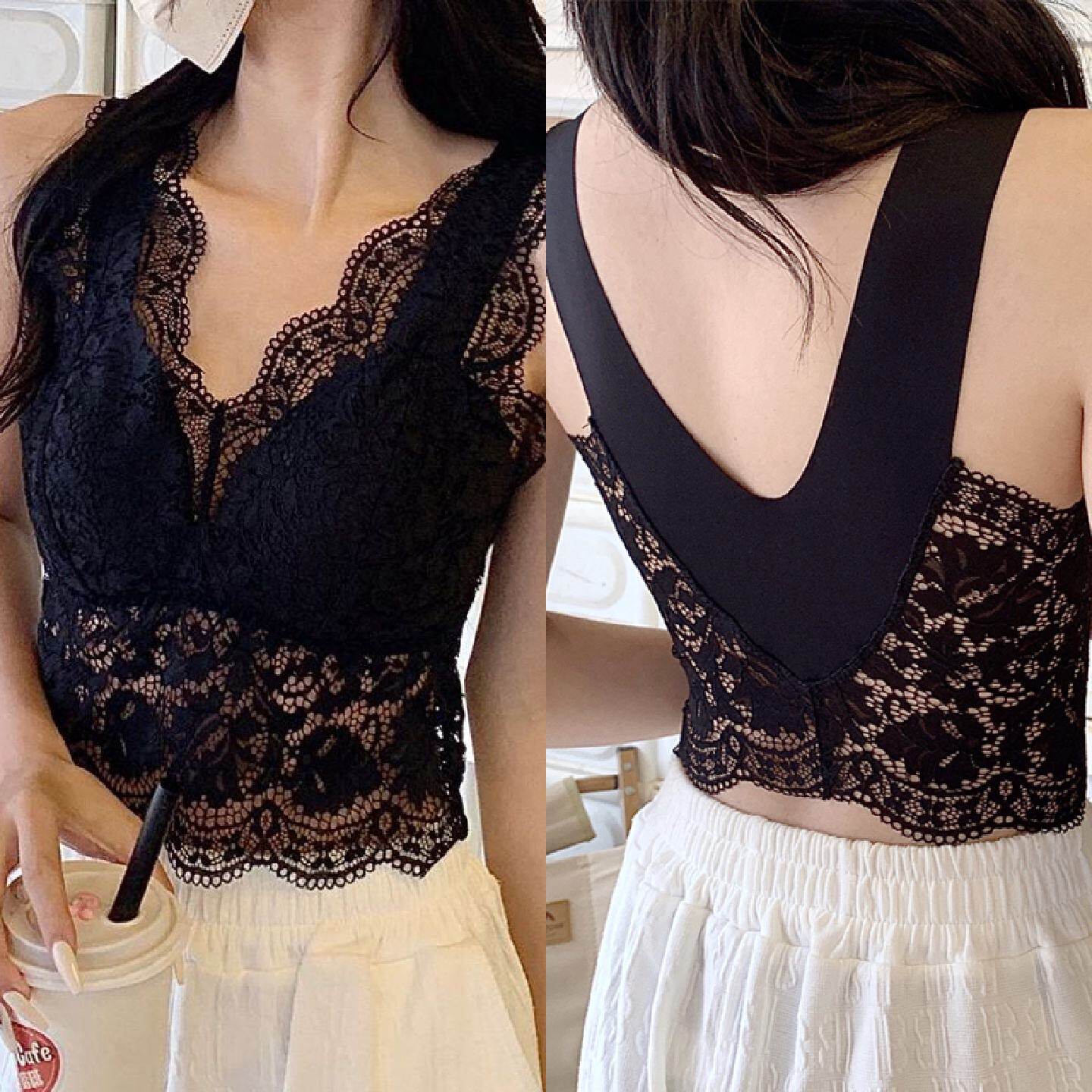 蕾丝吊带V型美背内衣女一体式带胸垫上衣外穿内搭打底背心