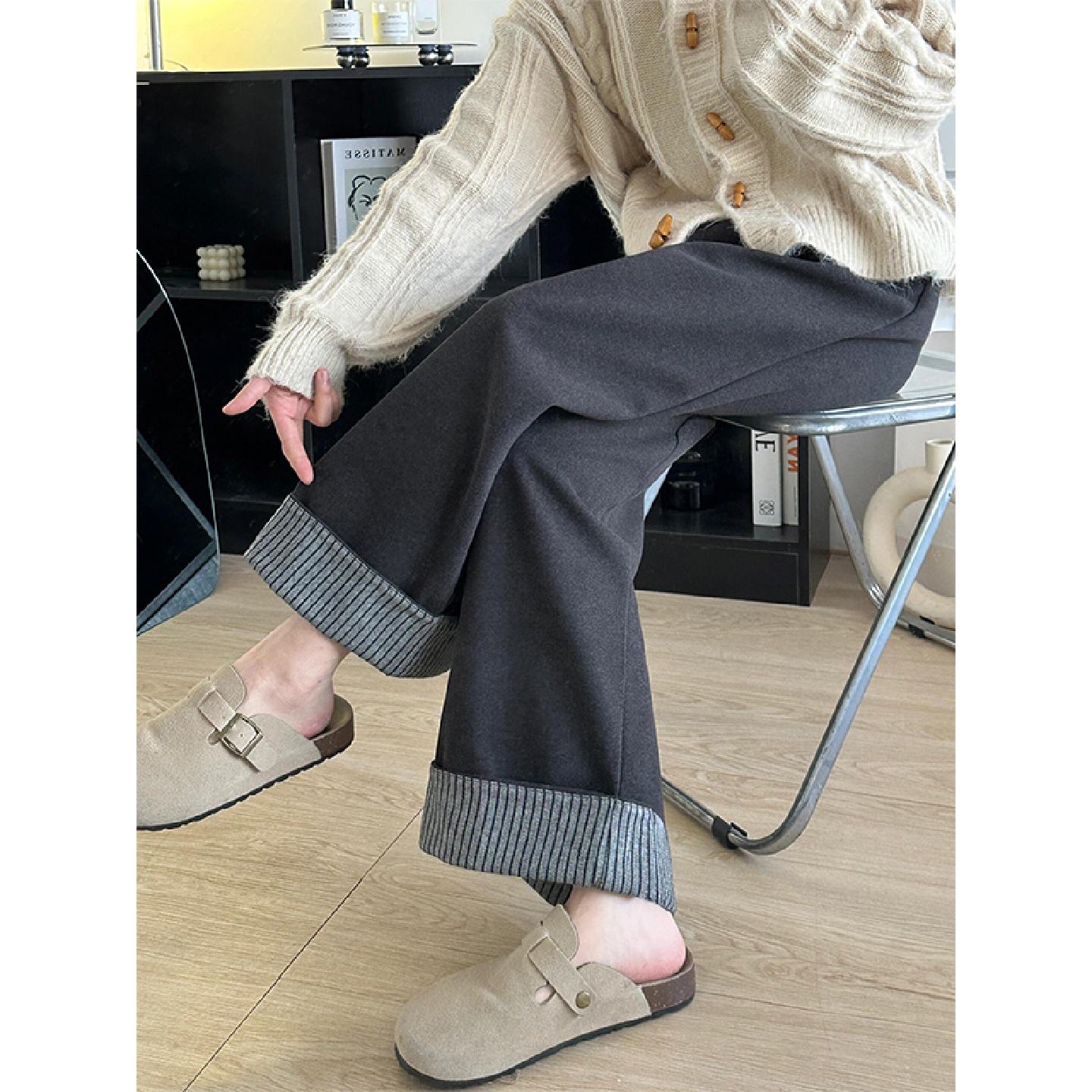 梨型身材深灰色毛呢休闲裤女秋冬加绒胖妹妹mm高腰宽松显瘦阔腿裤
