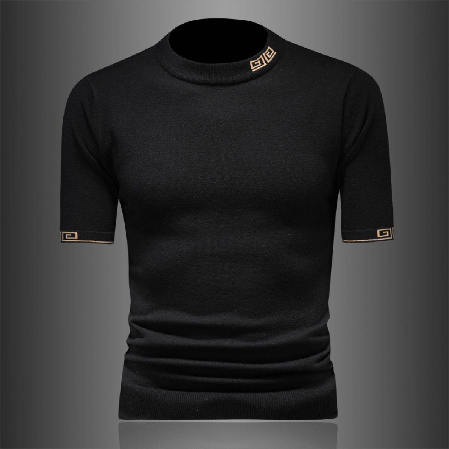 欧洲站半高领短袖羊毛衫男秋冬季新款打底刺绣中领针织毛衣潮潮男