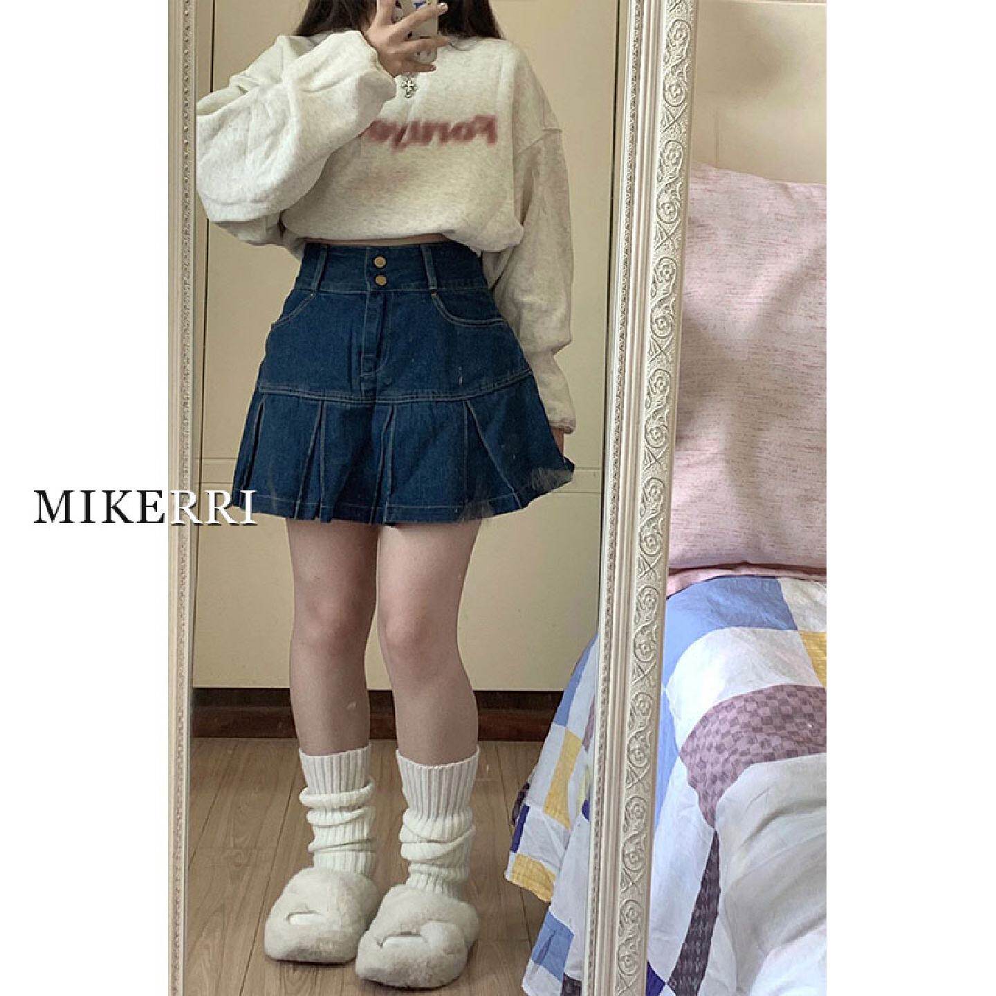 高腰百褶牛仔半身裙女夏季大码胖mm遮肚显瘦梨型身材复古a字短裙