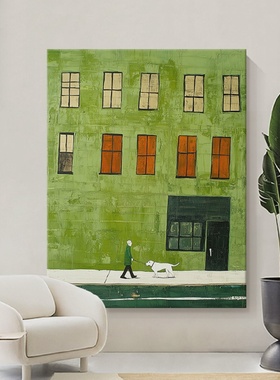 现代绿色建筑风景装饰画复古风小众卧室手绘油画客厅玄关肌理挂画