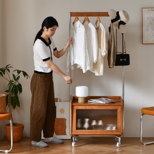 覆古实木衣帽架北欧卧室可移动挂衣架落地多功能玄关收纳置物衣架
