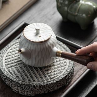 侧把壶防烫木柄功夫泡茶壶复古大号陶瓷锤纹单壶家用茶具 粗陶日式