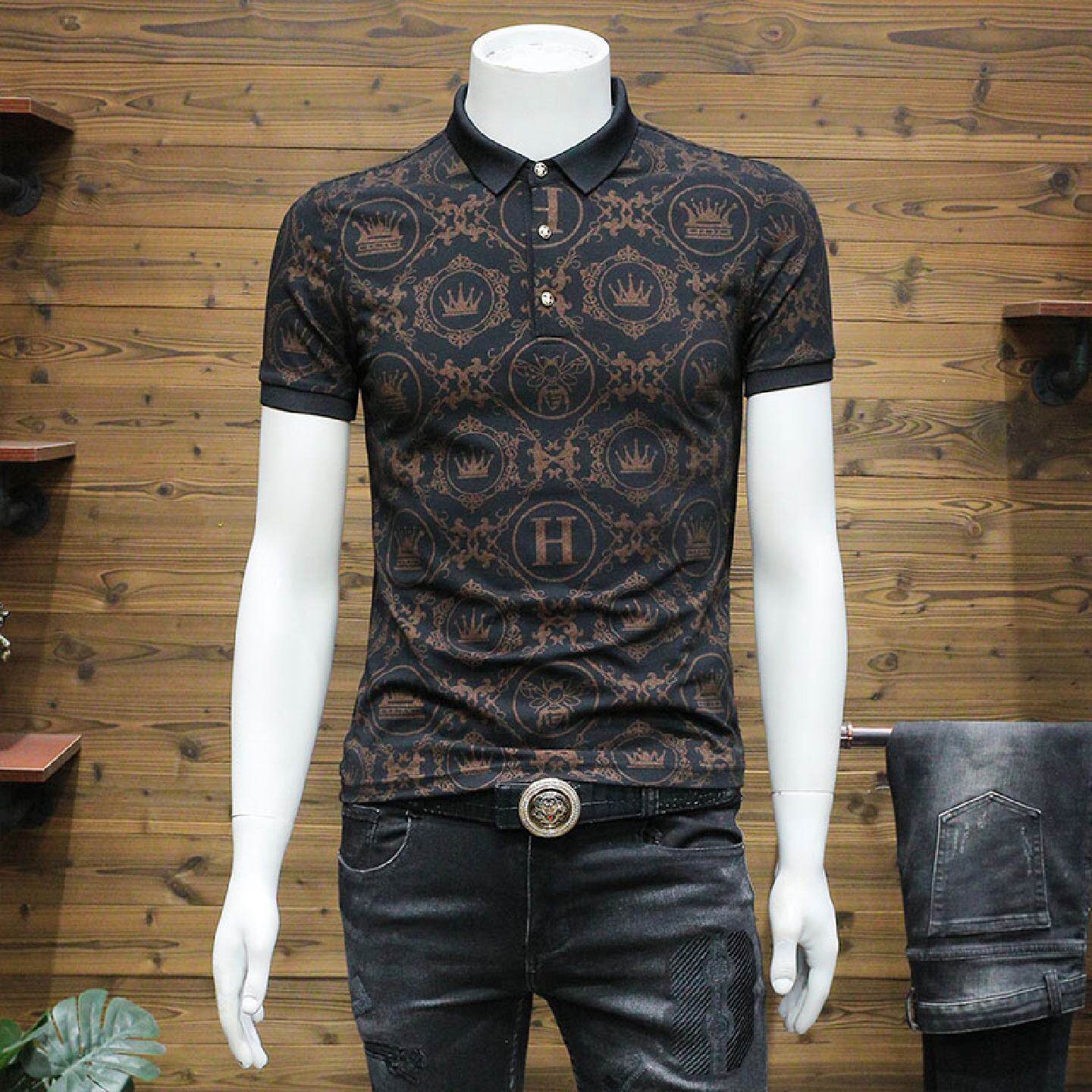 欧货高端短袖衫男士潮牌时尚印花恤衫新款夏季男装衣服潮男装简约