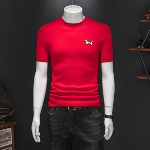春装新款男士短袖羊毛衫红色针织衫刺绣套头半袖圆领打底衫毛衣潮